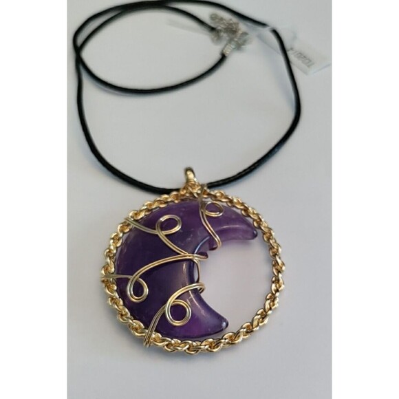 Moon Pendant Amethyst  Gem Stone  Crystal Necklace 1.5" Diameter - Picture 2 of 3